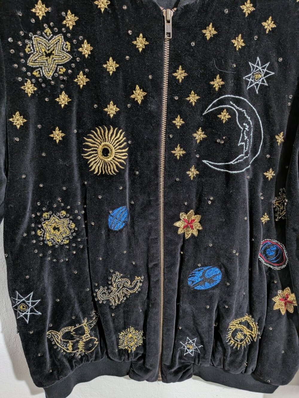 Anthropologie Black Velvet Celestial Embroidered & Beaded Bomber Jacket - Picture 3 of 8